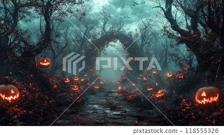 Dark spooky surreal forest, path in fairy tale woods on Halloween, strange trees and scary pumpkins at night. Concept of horror, enchanted nature, background, fantasy. 118555326