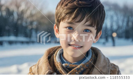 Smiling boy in the snow 118555333