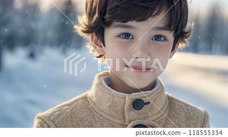 Smiling boy in the snow 118555334