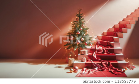 Christmas tree with red decorations in the room. Christmas and New year concept. 118555779