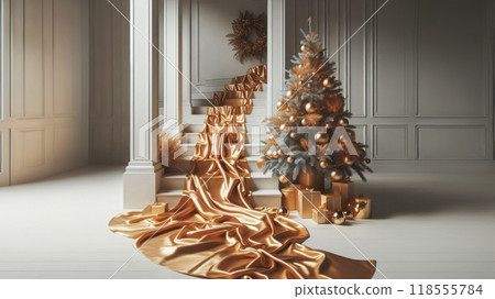 Christmas tree with gold decorations in the room. Christmas and New year concept. Christmas tree with gold decorations in the room. Christmas and New year concept. 118555784