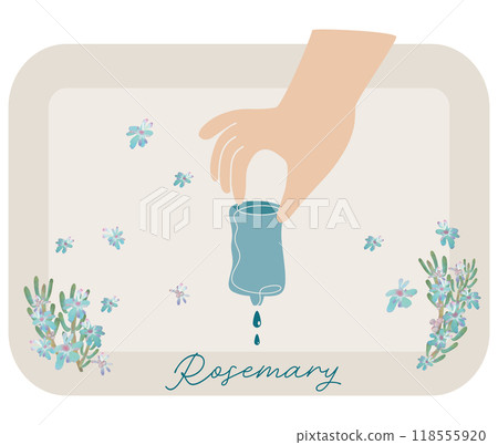 An illustration of dripping rosemary essential oil and lots of rosemary flowers 118555920