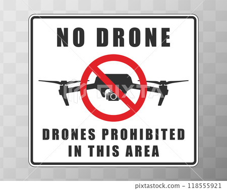 No drone zone sign symbol. No flying drones allowed sign. Forbidden circle, Quadcopter not allowed. Vector illustration image. 118555921