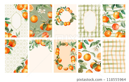 Watercolor illustration set of tangerine, frame, striped wave, wreath, and pattern for background, card, invitation or poster. 118555964