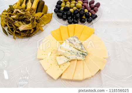 snacks, sliced armenian cheeses, olives, pickles snacks, sliced armenian cheeses, olives, pickles 118556025