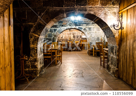 interior of old tavern in stone underground floor interior of old tavern in stone underground floor 118556099