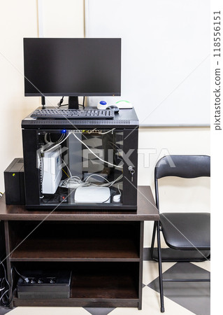 pedestal with server, router, computer monitor 118556151
