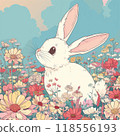 Cute illustration of a white bunny among flowers 118556193