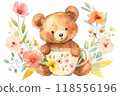 Cute teddy bear holding a mug surrounded by pastel flowers, watercolor style for children decor 118556196