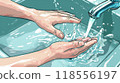 Close-up illustration of hands under running tap, capturing water flow. Promoting cleanliness and hygiene 118556197