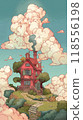 Whimsical house on a lush green hill surrounded by fluffy clouds and blue sky, fairytale scenery 118556198