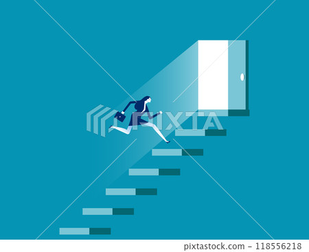 Job promotion or challenge to grow. Door step to success, career development or growth and improvement to reach success. Businessman employee walk up stair to open door. Career opportunity concept 118556218