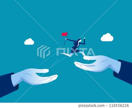 Mentorship to assist employee to success. Helping hand or encouragement for teammate to achieve business goal. Businessman jumping up hand growth ladder to progress target. Business support concept 118556226