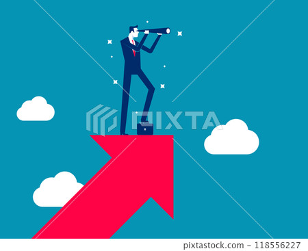 Business opportunity or investment and market prediction. Future growth or career development vision. Businessman climb up rising arrow with big telescope spyglass. Earning forecast concept Business opportunity or investment and market prediction. Future growth or career development vision. Businessman climb up rising arrow with big telescope spyglass. Earning forecast concept 118556227
