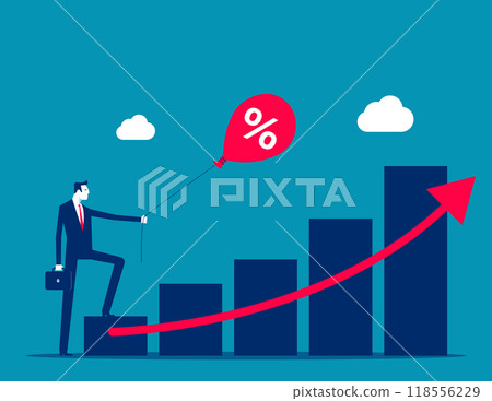 Revenue or salary increase, growth investment profit or earning from stock market. Businessman with balloon on dollar money sign with growth graph and chart. Money or wages growing concept 118556229