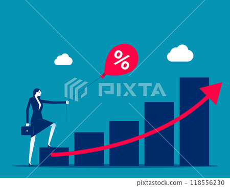 Revenue or salary increase, growth investment profit or earning from stock market. Businessman with balloon on dollar money sign with growth graph and chart. Money or wages growing concept 118556230
