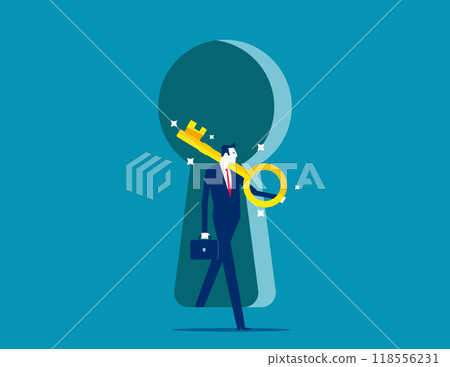Success secret key discovery, job offer or career opportunity, unlock key to solve problem, leadership key success concept, businessman open door from keyhole to offer secret golden unlock key. Success secret key discovery, job offer or career opportunity, unlock key to solve problem, leadership key success concept, businessman open door from keyhole to offer secret golden unlock key. 118556231