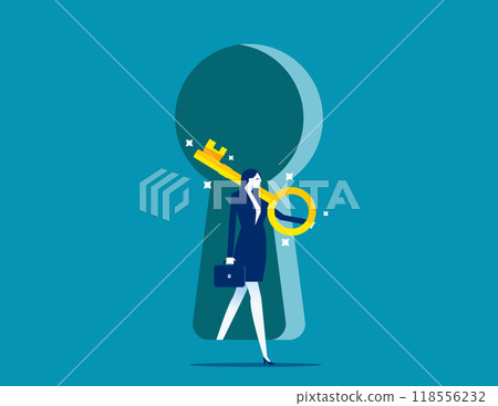 Success secret key discovery, job offer or career opportunity, unlock key to solve problem, leadership key success concept, businessman open door from keyhole to offer secret golden unlock key. 118556232