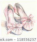 Watercolor illustration of pink ballet shoes with bow in soft pastel colors, kids book style 118556237