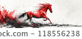 Red horse galloping in ink painting with dynamic splashes and white background conveying motion 118556238