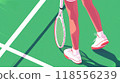 Minimalist illustration of tennis player holding racket on green court in sunlight, flat design 118556239