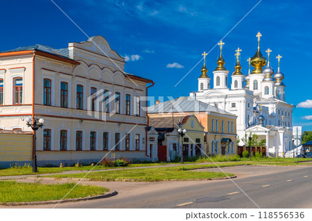 A view of Teatralnaya street and The Resurrection Cathedral in Shuya, Russia. An old Russian town. A view of Teatralnaya street and The Resurrection Cathedral in Shuya, Russia. An old Russian town. 118556536