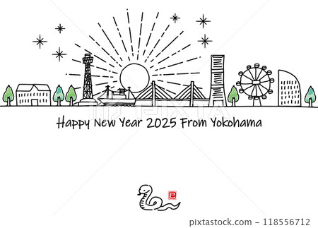 Hand-drawn Yokohama tourist destination cityscape 2025 New Year's card Hand-drawn Yokohama tourist destination cityscape 2025 New Year's card 118556712