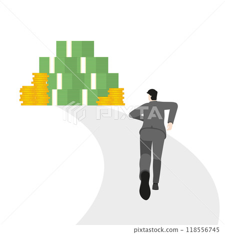 A vector illustration of a businessman running towards a stack of banknotes and coins, financial growth and opportunity. The essence of success and wealth in the modern business and financial world A vector illustration of a businessman running towards a stack of banknotes and coins, financial growth and opportunity. The essence of success and wealth in the modern business and financial world 118556745