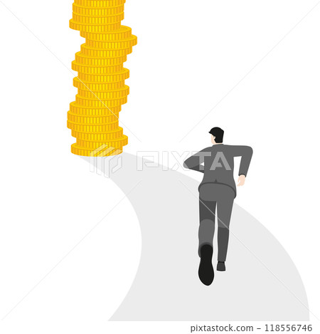 Back view of a businessman running to a pile of coins, themes of financial growth, investment success, and wealth management. Depicting leadership, profit increase, and entrepreneurial ventures Back view of a businessman running to a pile of coins, themes of financial growth, investment success, and wealth management. Depicting leadership, profit increase, and entrepreneurial ventures 118556746