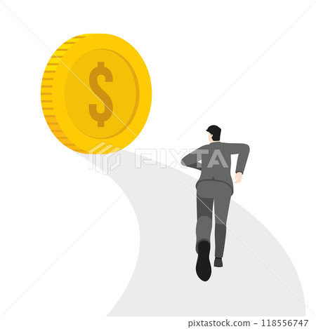 Vector illustration of a businessman sprinting toward a dollar coin, economic success and rising financial prospects. Ideal for concepts of wealth management, corporate finance, and market strategy Vector illustration of a businessman sprinting toward a dollar coin, economic success and rising financial prospects. Ideal for concepts of wealth management, corporate finance, and market strategy 118556747