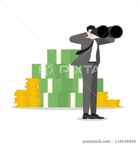 A financial visionary businessman with binoculars on top of banknotes and coins, analyzing future economic trends. Business growth, profit planning, and strategic leadership in a global economy 118556949