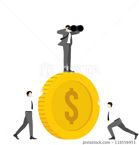 Teamwork driven businessman stands on a dollar coin uses binoculars, forecast economic trend and financial opportunity. Vector illustrates collaboration, strategy, and business leadership for success 118556951