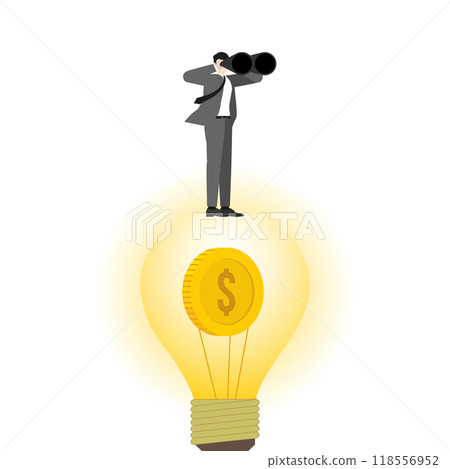 A businessman using binoculars on a dollar coin in a lightbulb, the essence of financial vision and innovation. Themes of economy, investment strategy, and leadership for achieving business success 118556952