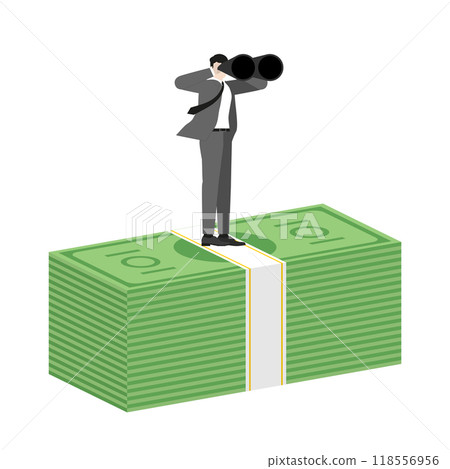 A businessman stands on a stack of banknotes, using binoculars to looking a clear vision for financial investment. The importance of strategic planning and opportunity recognition in achieve success A businessman stands on a stack of banknotes, using binoculars to looking a clear vision for financial investment. The importance of strategic planning and opportunity recognition in achieve success 118556956