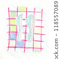 Knife and spoon on a magenta checked tablecloth 118557089