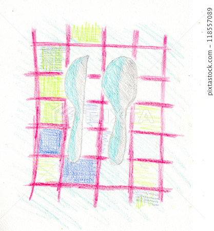 Knife and spoon on a magenta checked tablecloth Knife and spoon on a magenta checked tablecloth 118557089