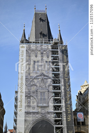 Renovation works on Powder Gate gothic tower (Prasna brana), historical landmark in Prague, Czech Republic Renovation works on Powder Gate gothic tower (Prasna brana), historical landmark in Prague, Czech Republic 118557096