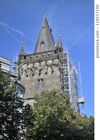 Renovation works on Powder Gate gothic tower (Prasna brana), historical landmark in Prague, Czech Republic 118557100