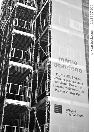 Renovation works on Powder Gate gothic tower (Prasna brana), historical landmark in Prague, Czech Republic Renovation works on Powder Gate gothic tower (Prasna brana), historical landmark in Prague, Czech Republic 118557103