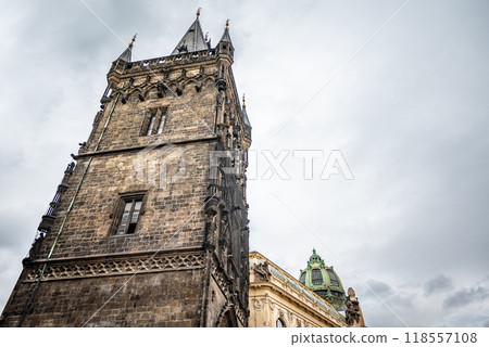Powder Gate gothic tower, historical landmark in Prague, Czech Republic Powder Gate gothic tower, historical landmark in Prague, Czech Republic 118557108