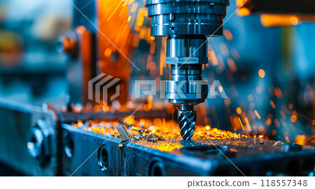 Drilling with metal machine tool in factory. 118557348