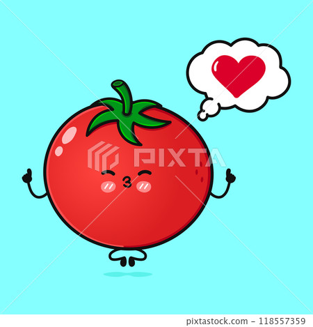 Tomato doing yoga with speech bubble. Vector hand drawn cartoon kawaii character illustration icon. Isolated on blue background. Tomato in love character concept 118557359