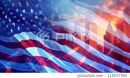 US America national flag and government building with skyscrapers. 118557364