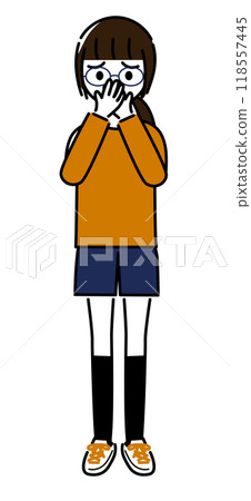 A girl in the upper grades of elementary school covers her nose and mouth with both hands A girl in the upper grades of elementary school covers her nose and mouth with both hands 118557445