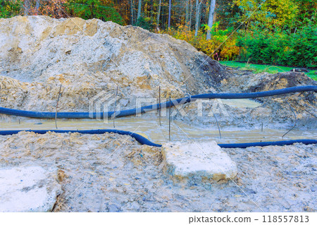 In course of building construction, preparation ground foundation to installation formwork for pouring concrete In course of building construction, preparation ground foundation to installation formwork for pouring concrete 118557813