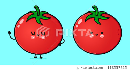 Cute funny Tomato. Vector hand drawn cartoon kawaii character illustration icon. Isolated on blue background. Tomato character concept 118557815
