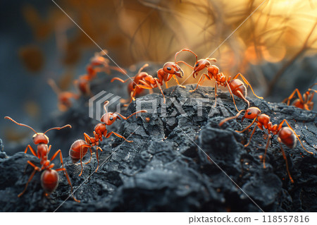 macro close up ants teamwork are helping to transport food. AI Generated. 118557816