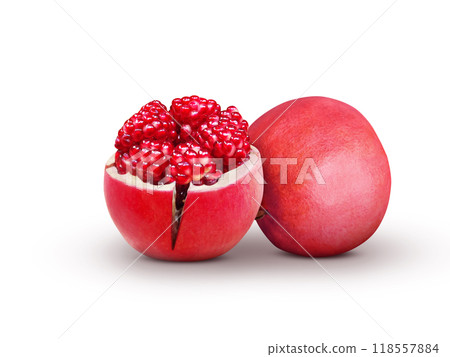 Fresh pomegranate. Picture of a pomegranate cut in half to reveal the seeds inside. 118557884