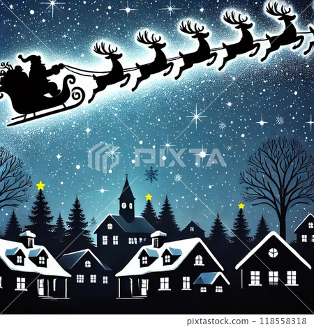 Christmas card illustration: A starry night with Santa Claus and reindeer pulling a sleigh - no text 118558318