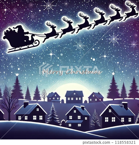 聖誕卡插圖馴鹿在月夜拉雪橇和聖誕老人_帶文字 聖誕卡插圖馴鹿在月夜拉雪橇和聖誕老人_帶文字 118558321